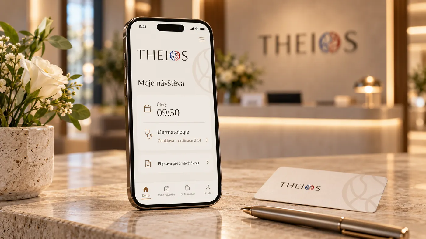 Detail značení recepce — návrhová vizualizace THEIOS